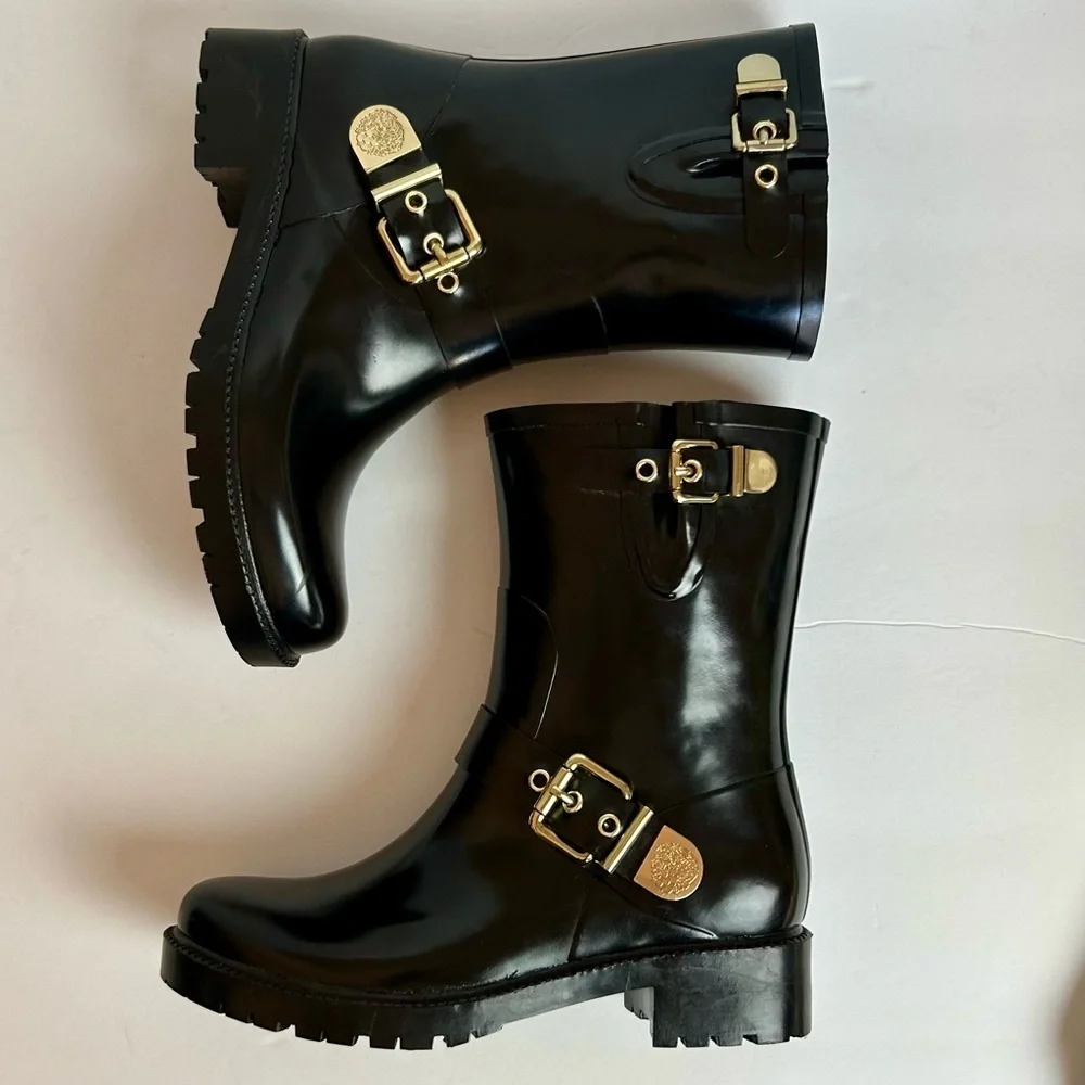 NWOT Vince Camuto Women’s 8m Black Rubber Boots Mid Calf Gold Hardware
